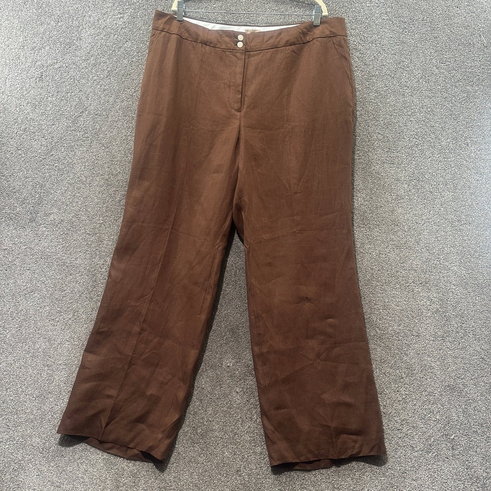 Talbots Trouser Pants Women 18W Brown 100% Linen Wide Leg Neutral Office Career